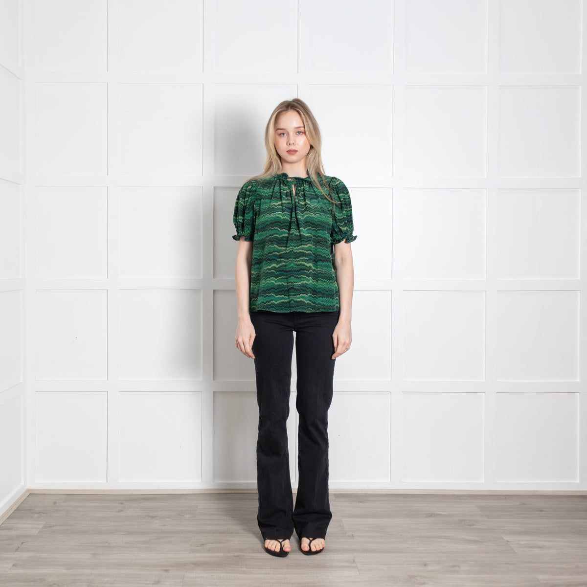 Ulla Johnson Green Black Print Frill Detail Neck Silk Top
