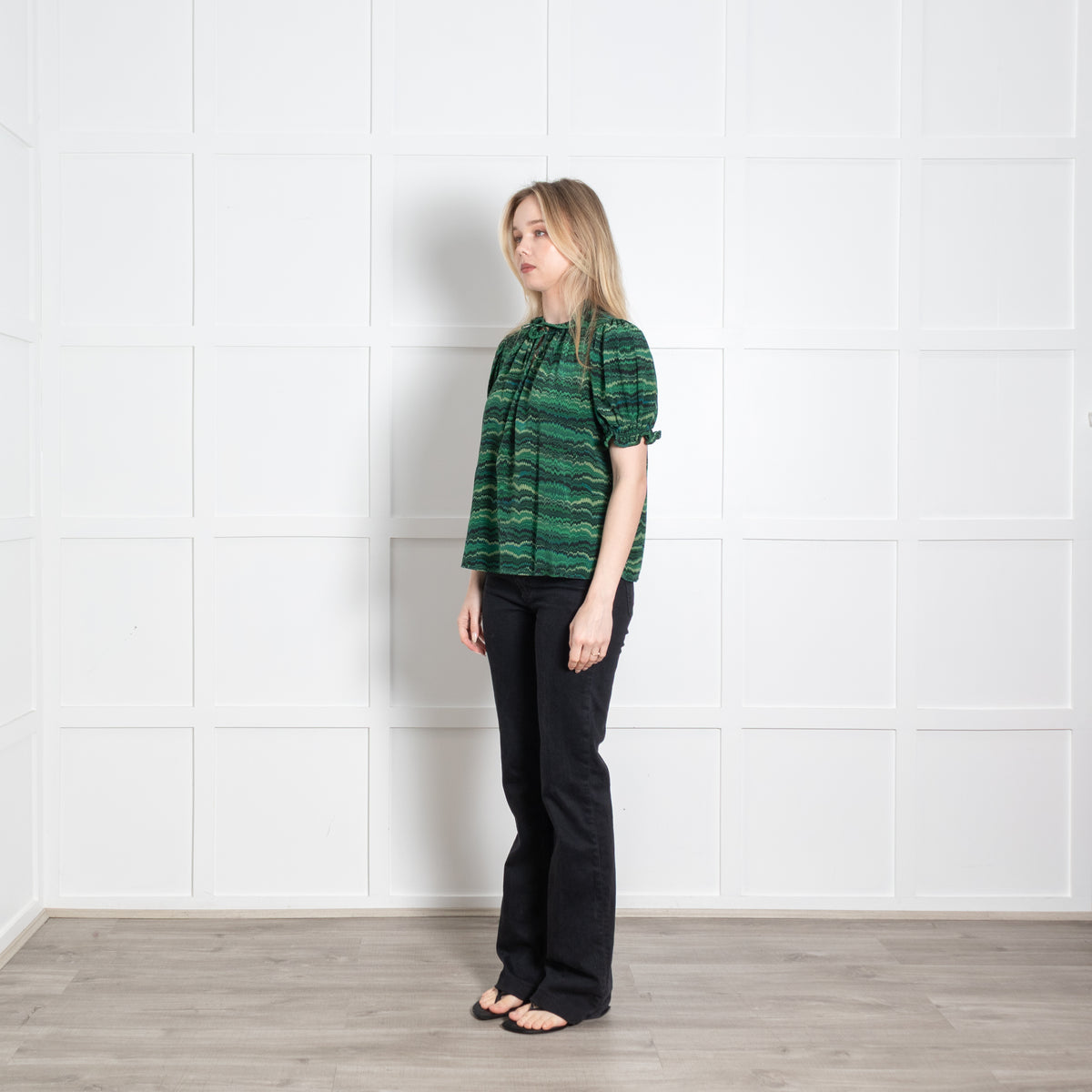 Ulla Johnson Green Black Print Frill Detail Neck Silk Top