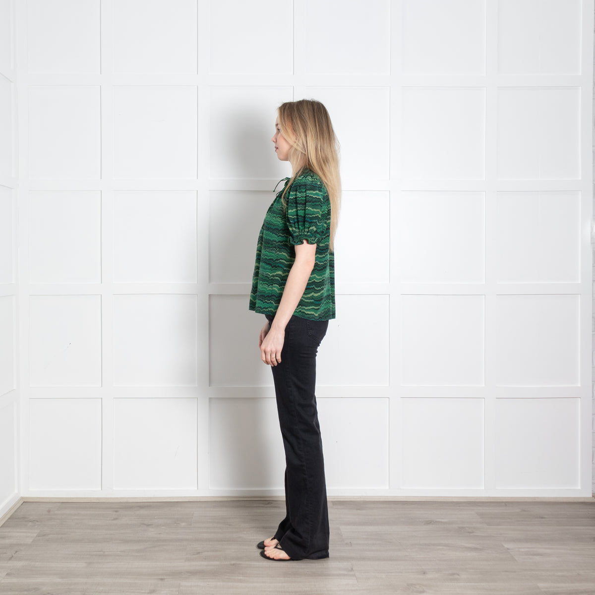 Ulla Johnson Green Black Print Frill Detail Neck Silk Top