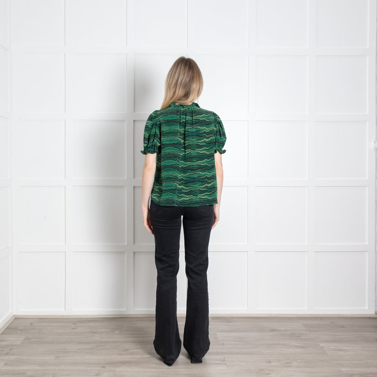 Ulla Johnson Green Black Print Frill Detail Neck Silk Top