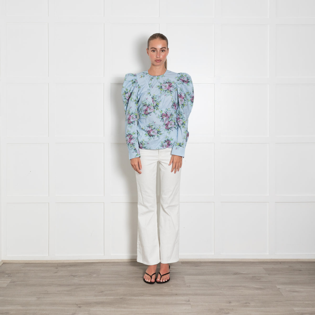 Ganni Blue Cotton Floral Puff Sleeve Long Sleeve Top
