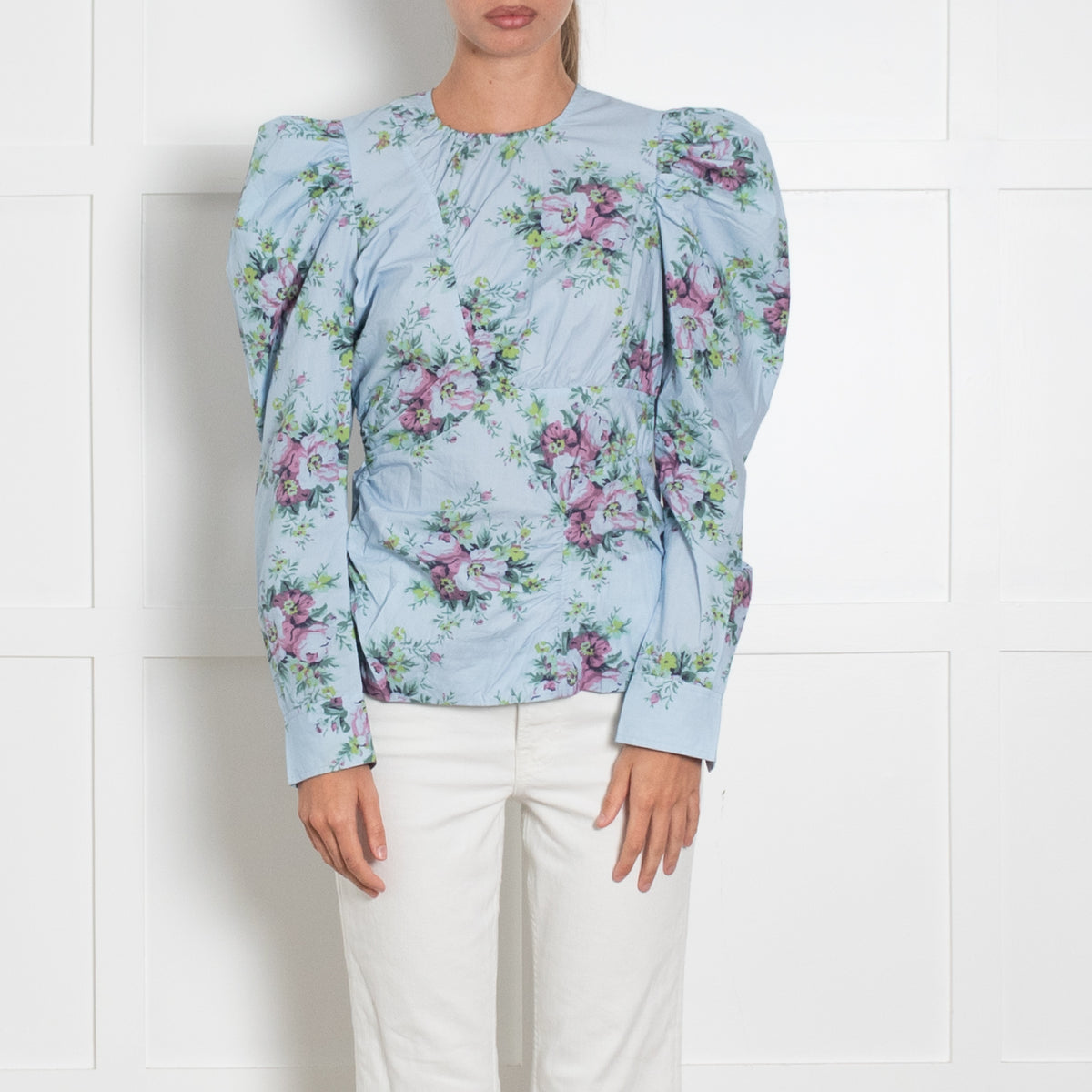 Ganni Blue Cotton Floral Puff Sleeve Long Sleeve Top
