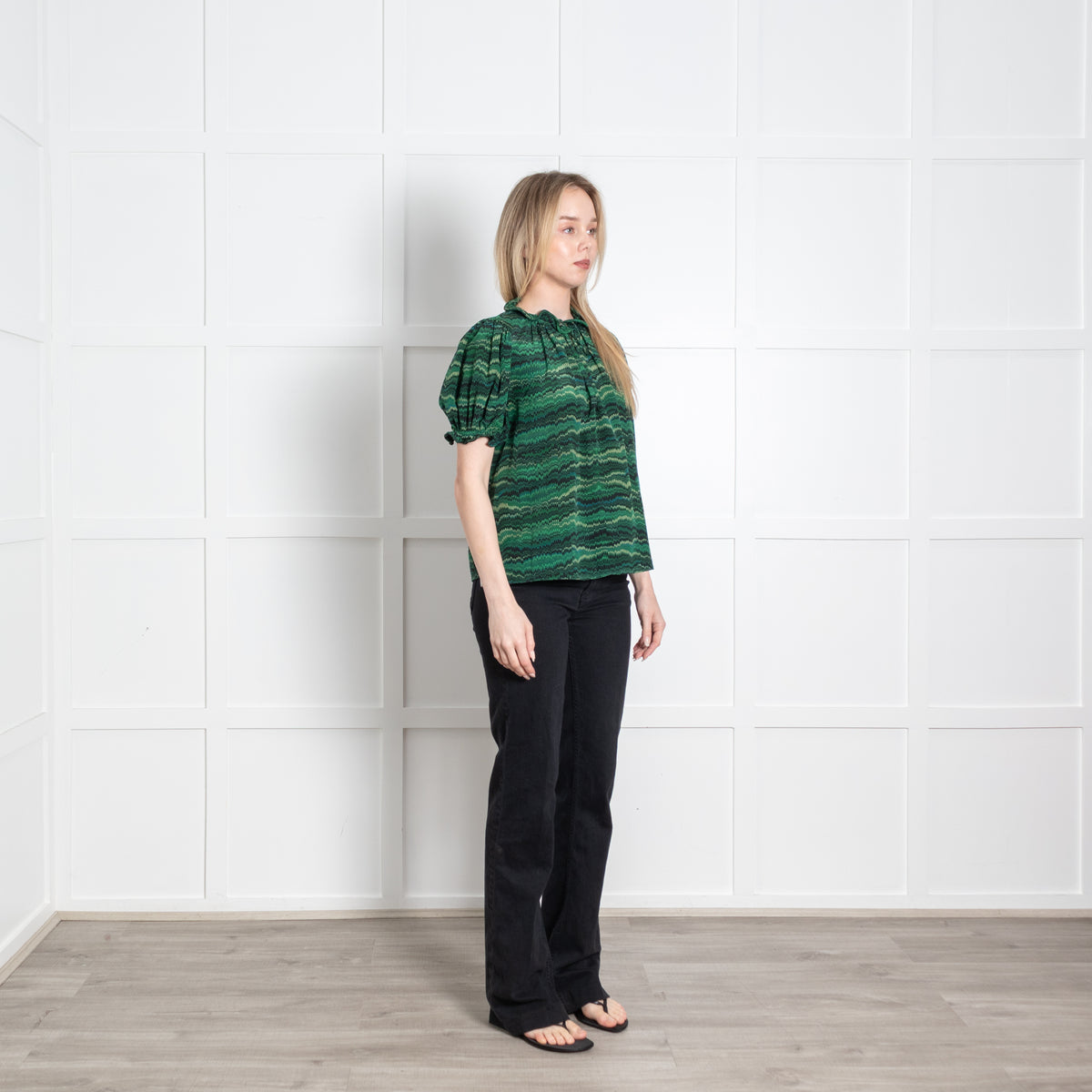 Ulla Johnson Green Black Print Frill Detail Neck Silk Top