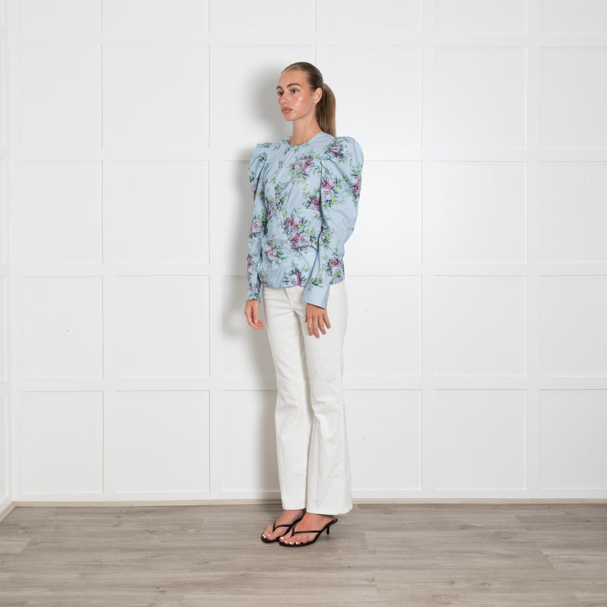 Ganni Blue Cotton Floral Puff Sleeve Long Sleeve Top