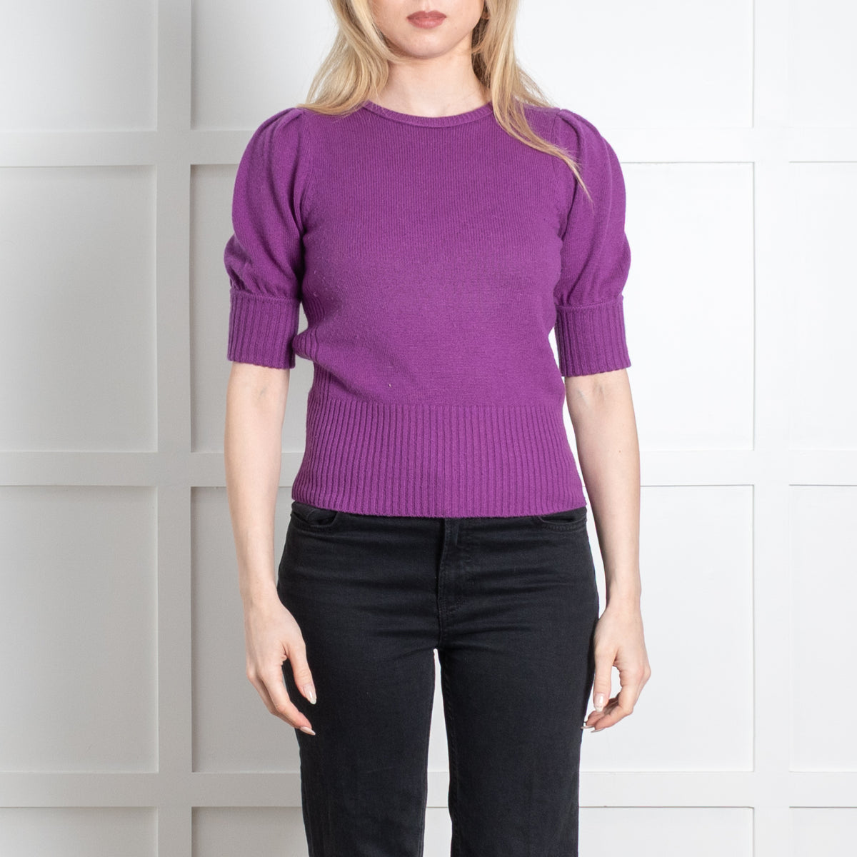 Me + Em Purple Cashmere Puff Sleeve Sweater