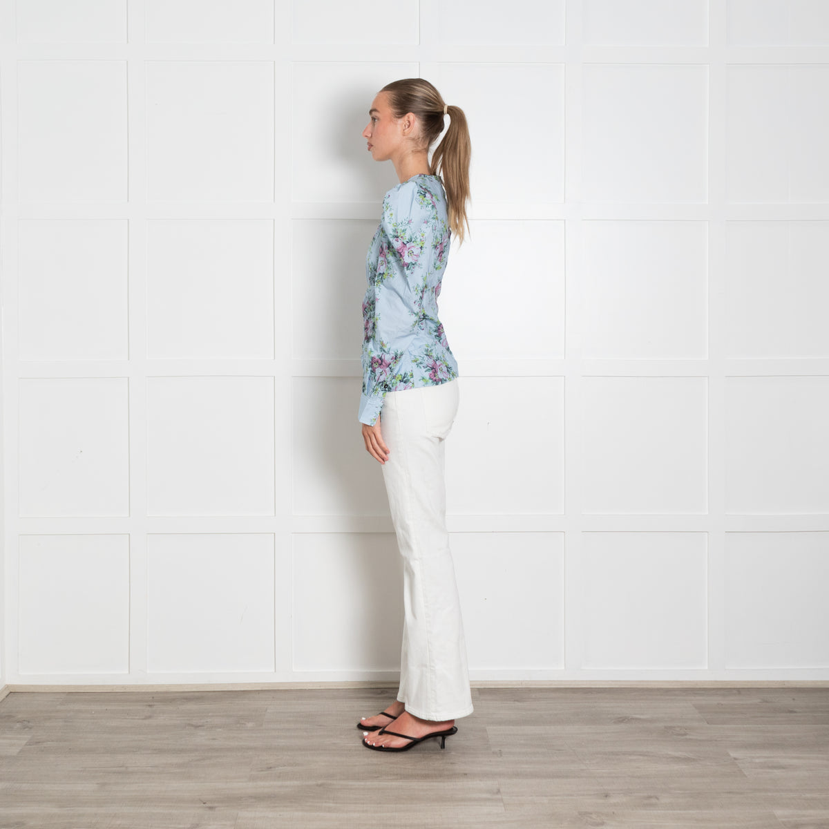 Ganni Blue Cotton Floral Puff Sleeve Long Sleeve Top