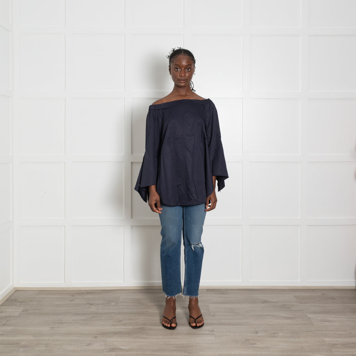 Tibi Navy Off The Shoulder Shirt
