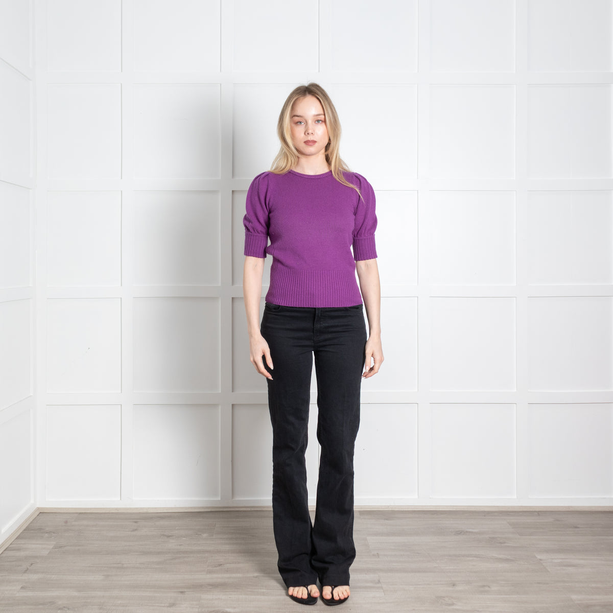 Me + Em Purple Cashmere Puff Sleeve Sweater