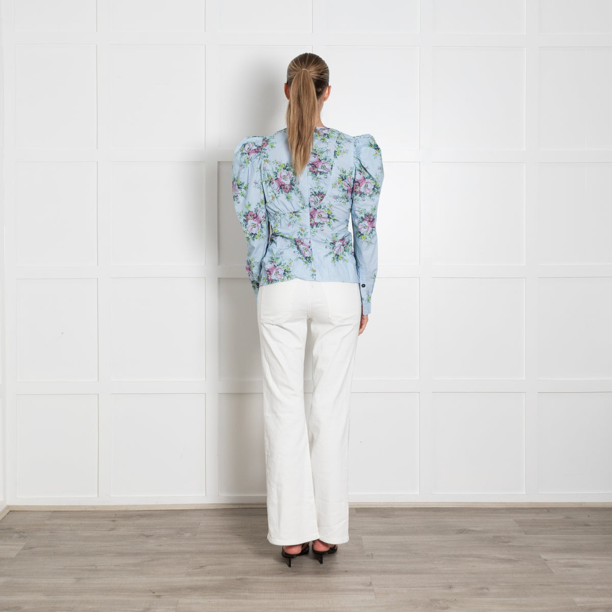 Ganni Blue Cotton Floral Puff Sleeve Long Sleeve Top