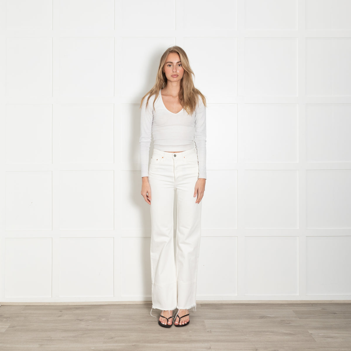 Grlfriend Carla Cream Raw Hem Flared Jeans