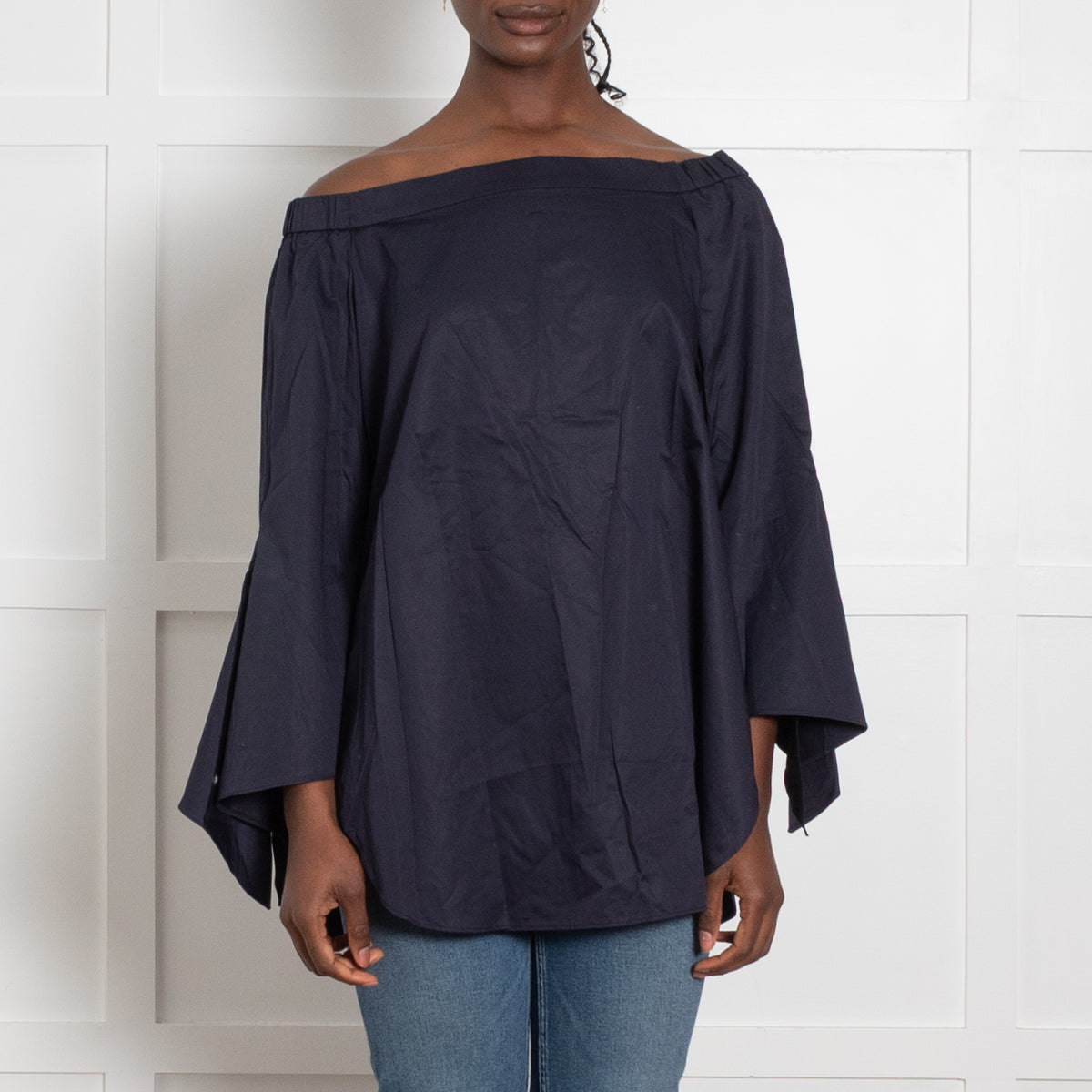 Tibi Navy Off The Shoulder Shirt
