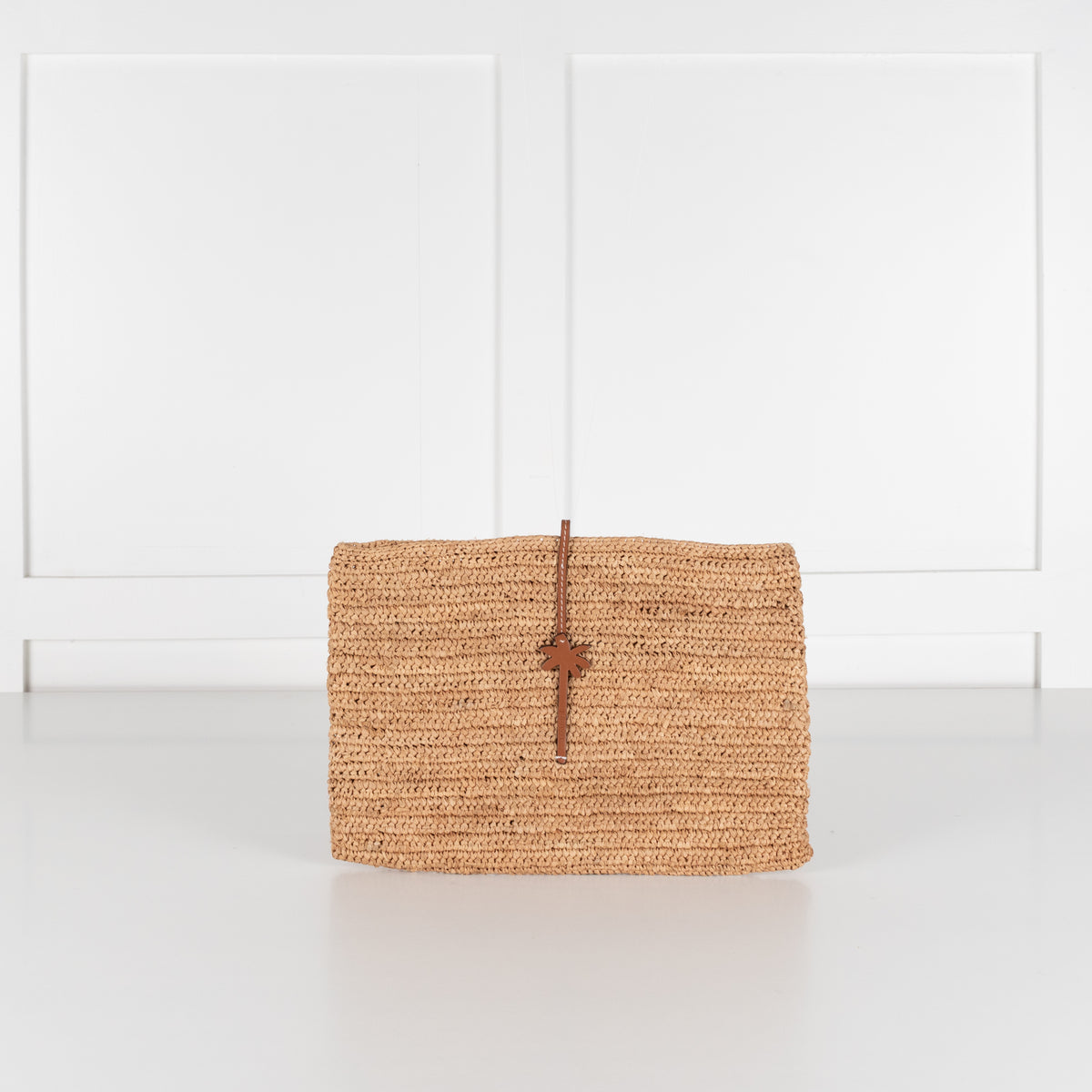 Manebi Raffia Clutch with Leather Palm Tree Closure