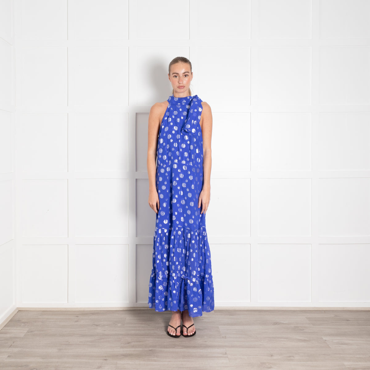 Rixo Cobalt Blue Silver Lurex Dot Halter Neck Maxi Dress