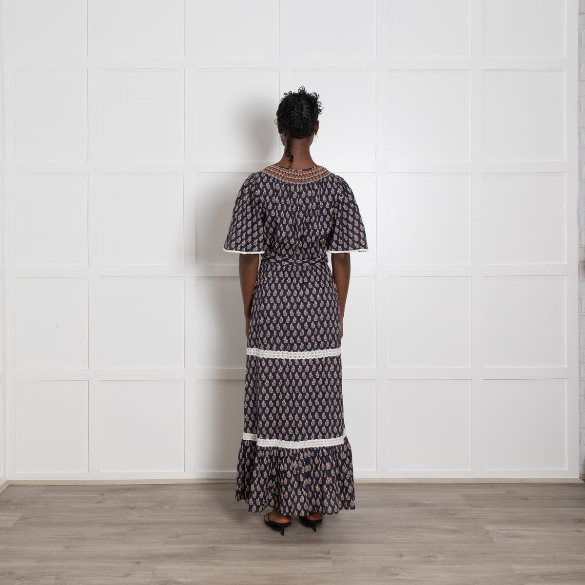 Wyse Navy Tiered Small Floral Tunic Dress wit h Tie
