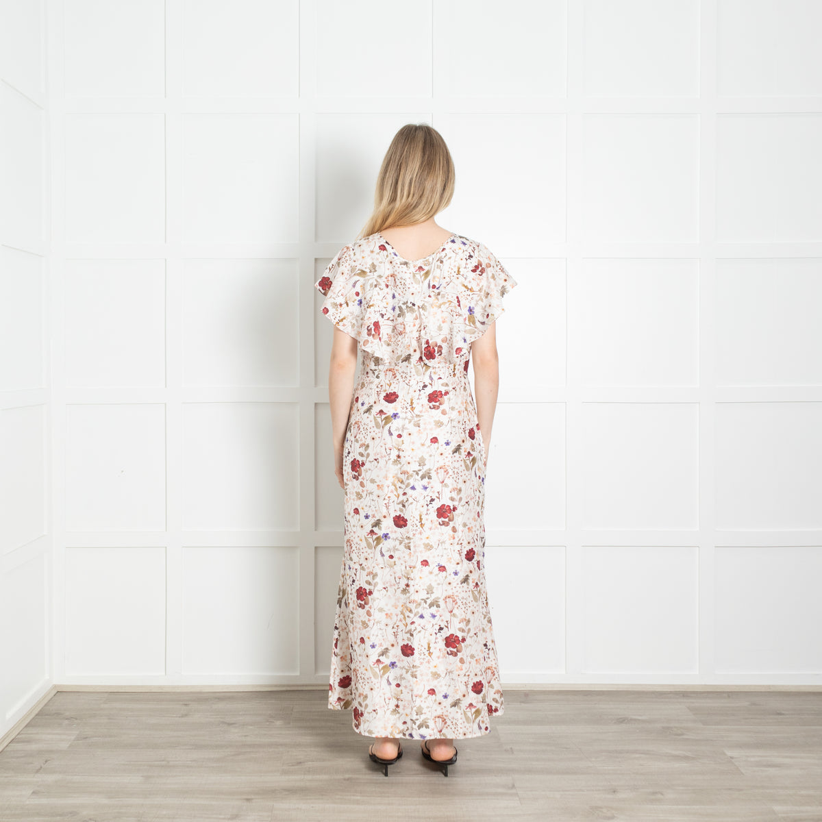 Lily And Lionel Ivory Khaki Burgundy Floral Silk Maxi Dress