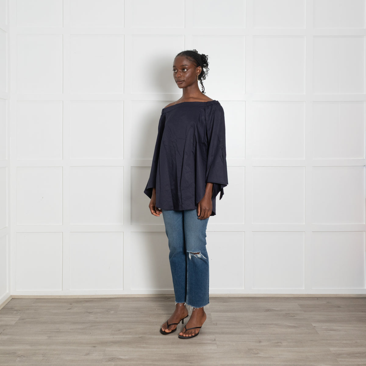 Tibi Navy Off The Shoulder Shirt