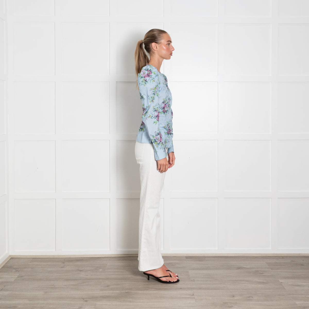 Ganni Blue Cotton Floral Puff Sleeve Long Sleeve Top