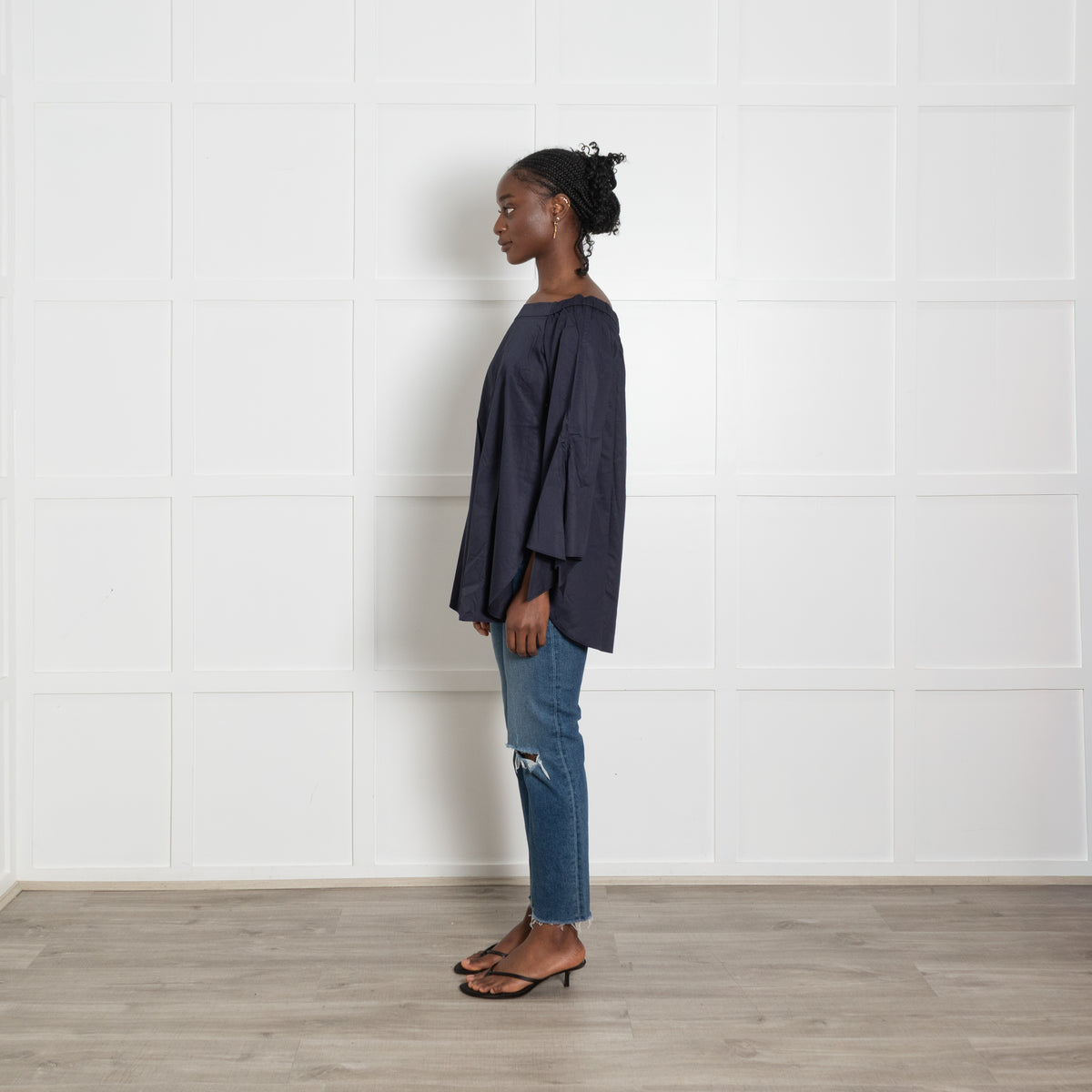 Tibi Navy Off The Shoulder Shirt