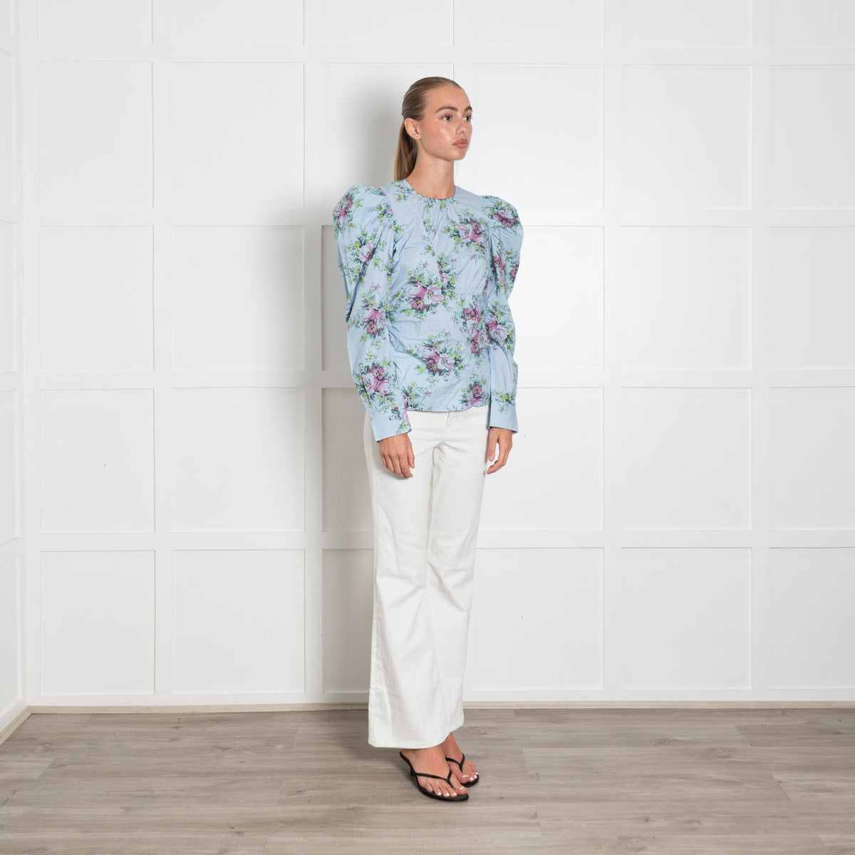 Ganni Blue Cotton Floral Puff Sleeve Long Sleeve Top