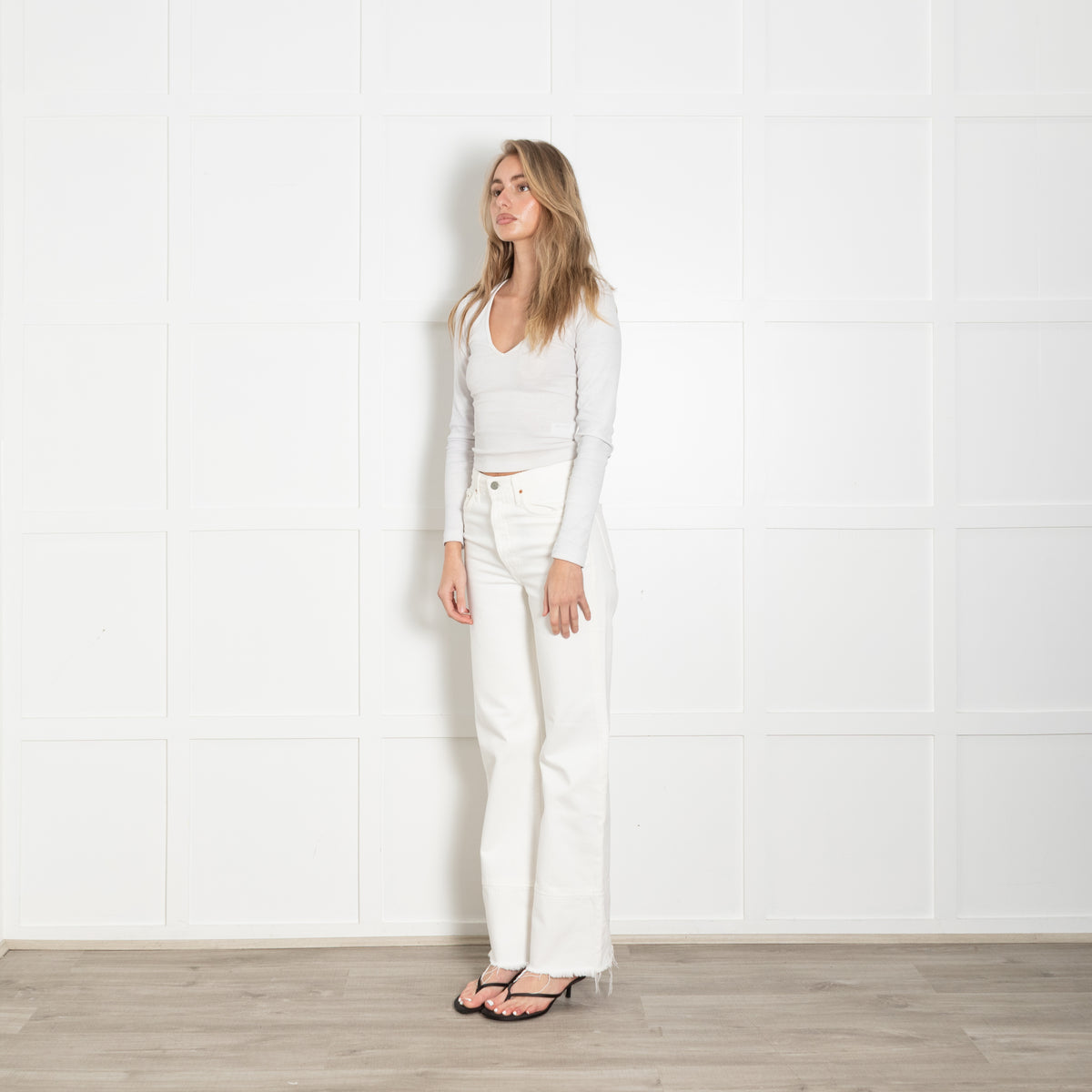 Grlfriend Carla Cream Raw Hem Flared Jeans