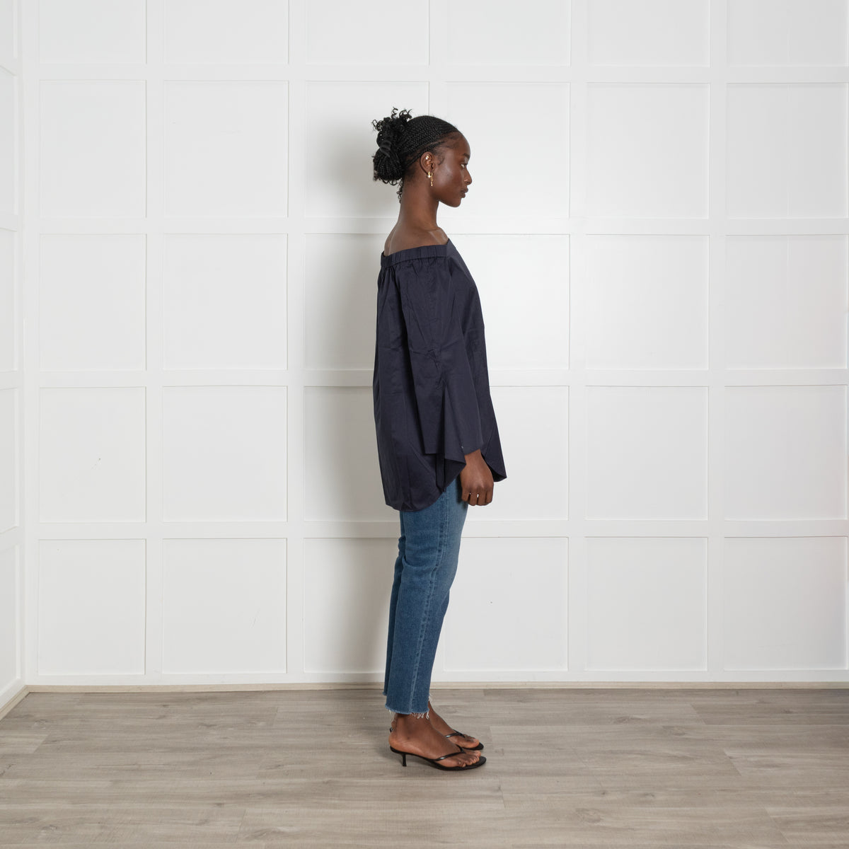 Tibi Navy Off The Shoulder Shirt