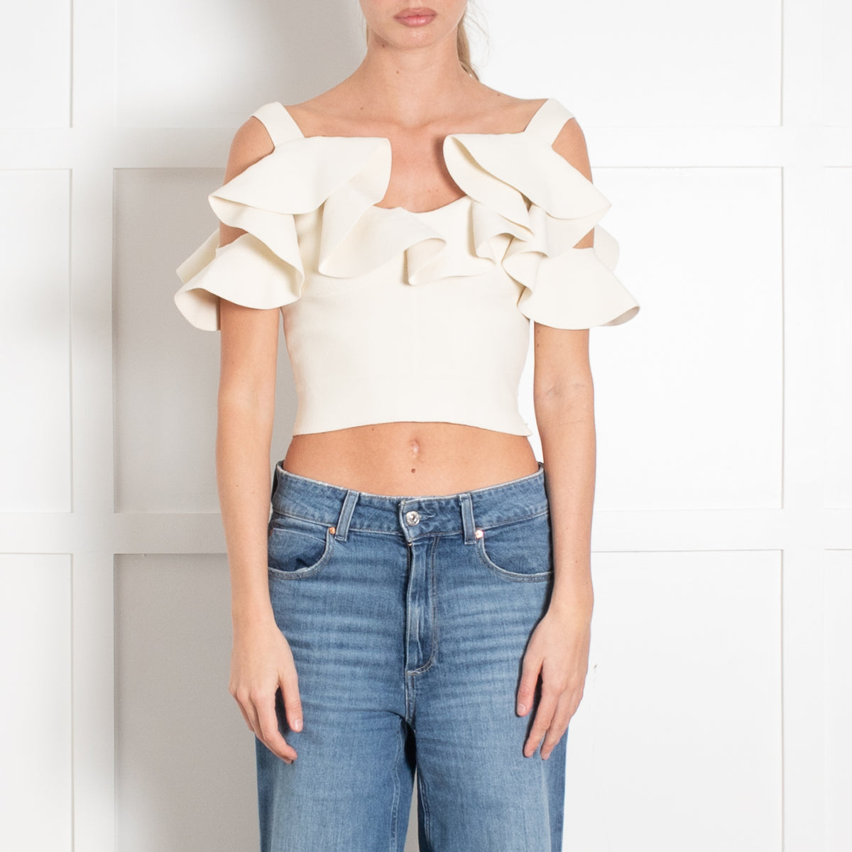 Alexander McQueen Cream Frilled Knit Crop Top
