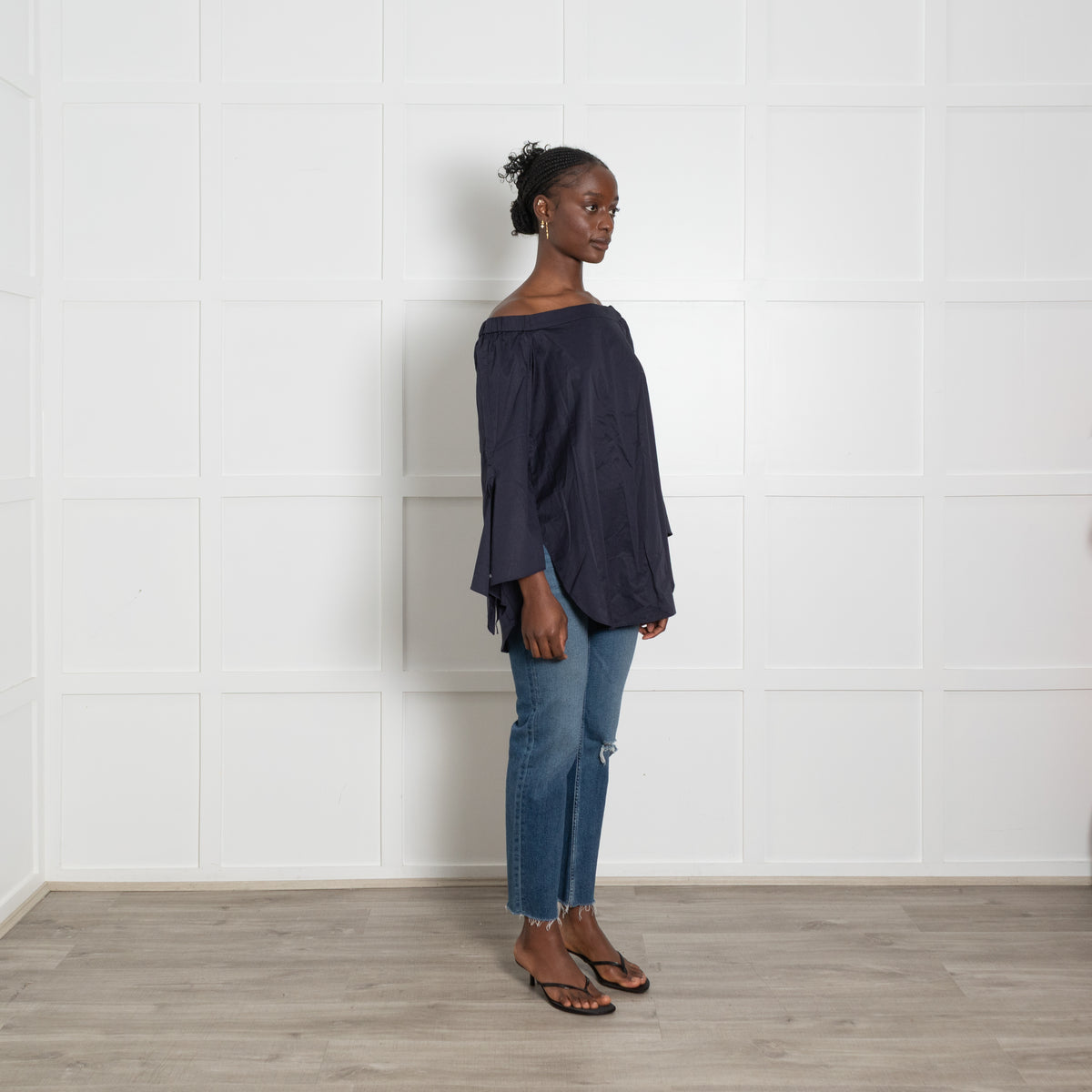 Tibi Navy Off The Shoulder Shirt