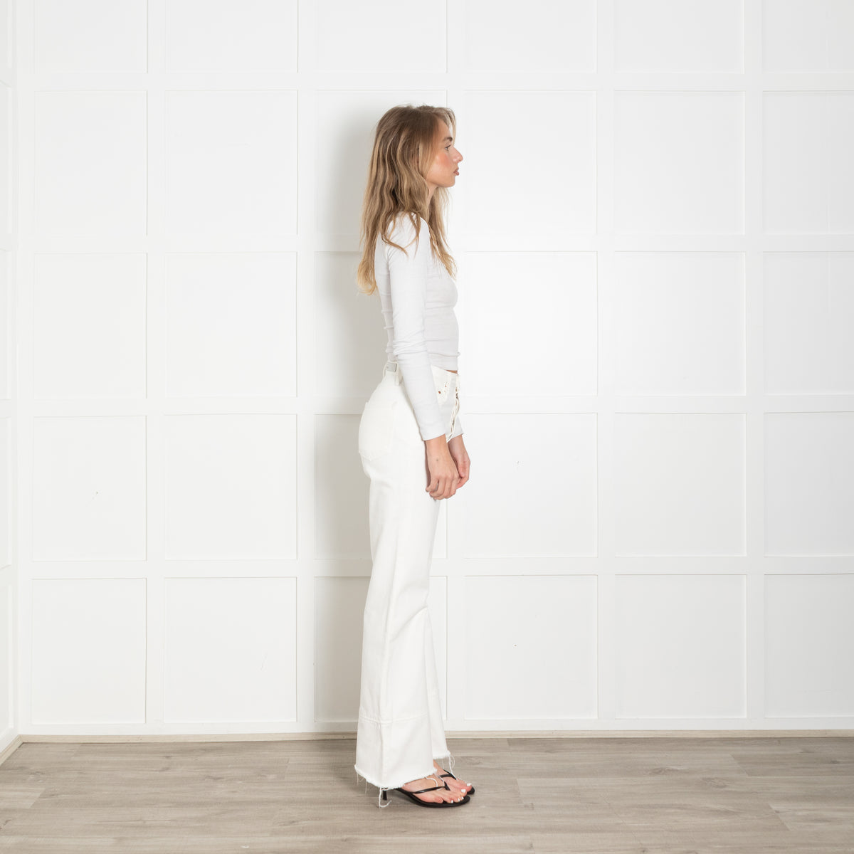 Grlfriend Carla Cream Raw Hem Flared Jeans