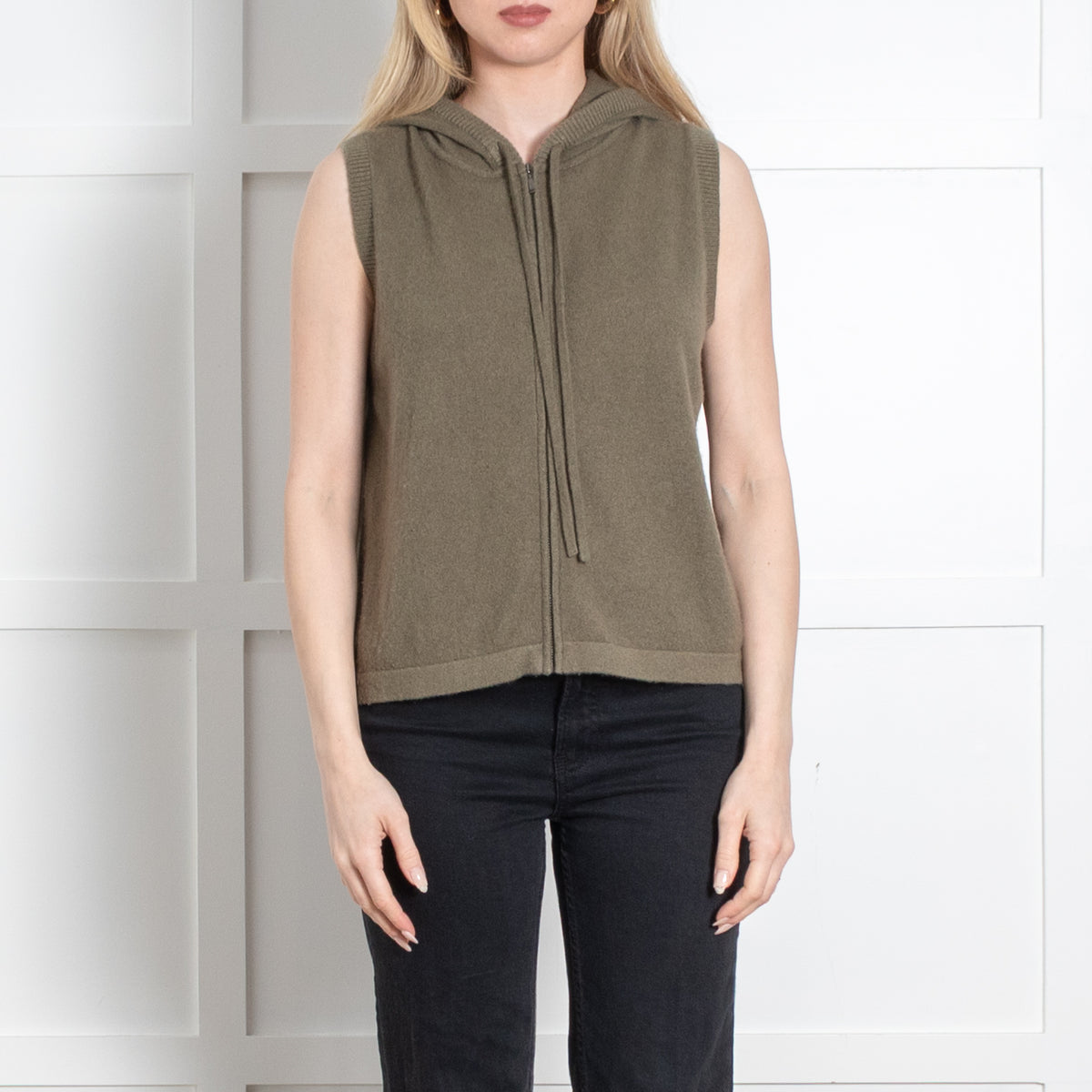Me + Em Green Cashmere Sleeveless Hooded Cardigan