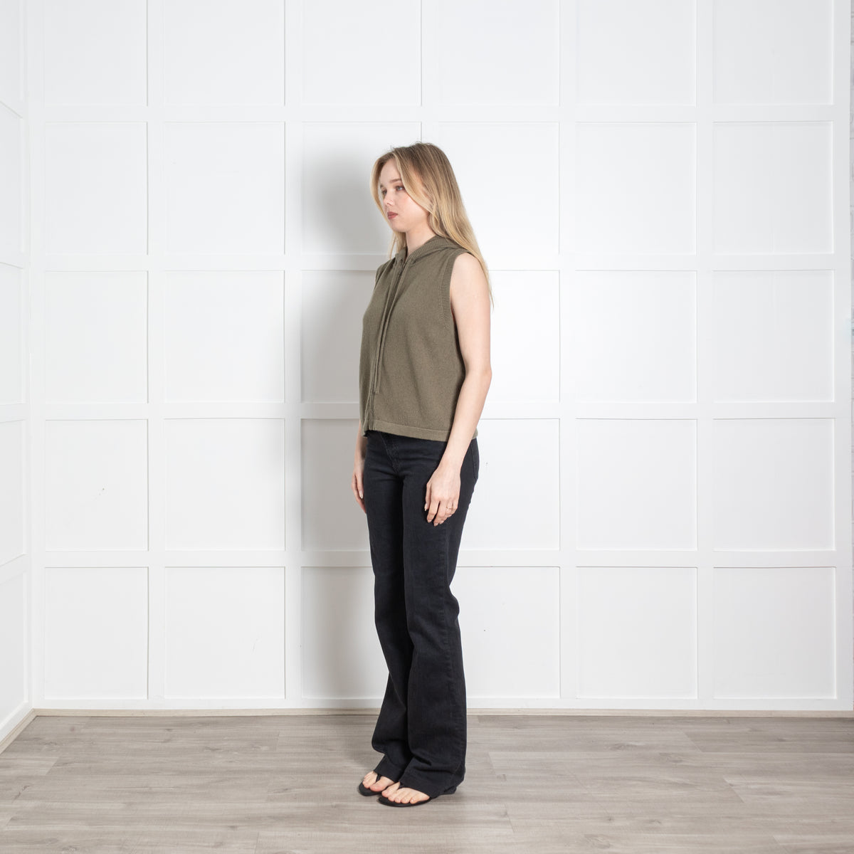 Me + Em Green Cashmere Sleeveless Hooded Cardigan