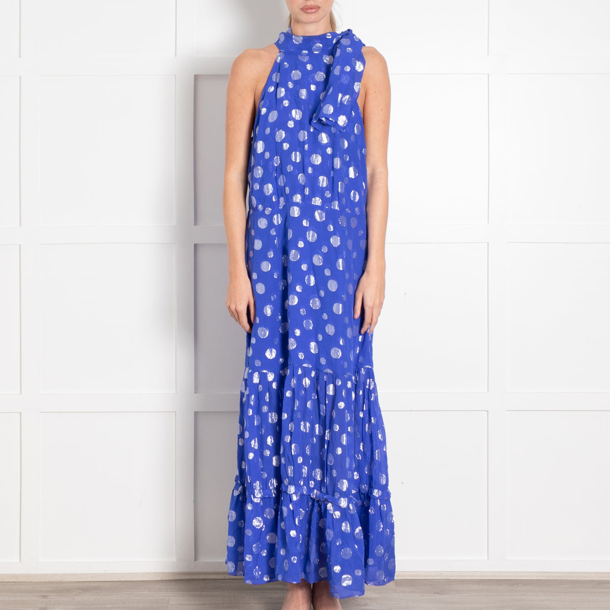 Rixo Cobalt Blue Silver Lurex Dot Halter Neck Maxi Dress
