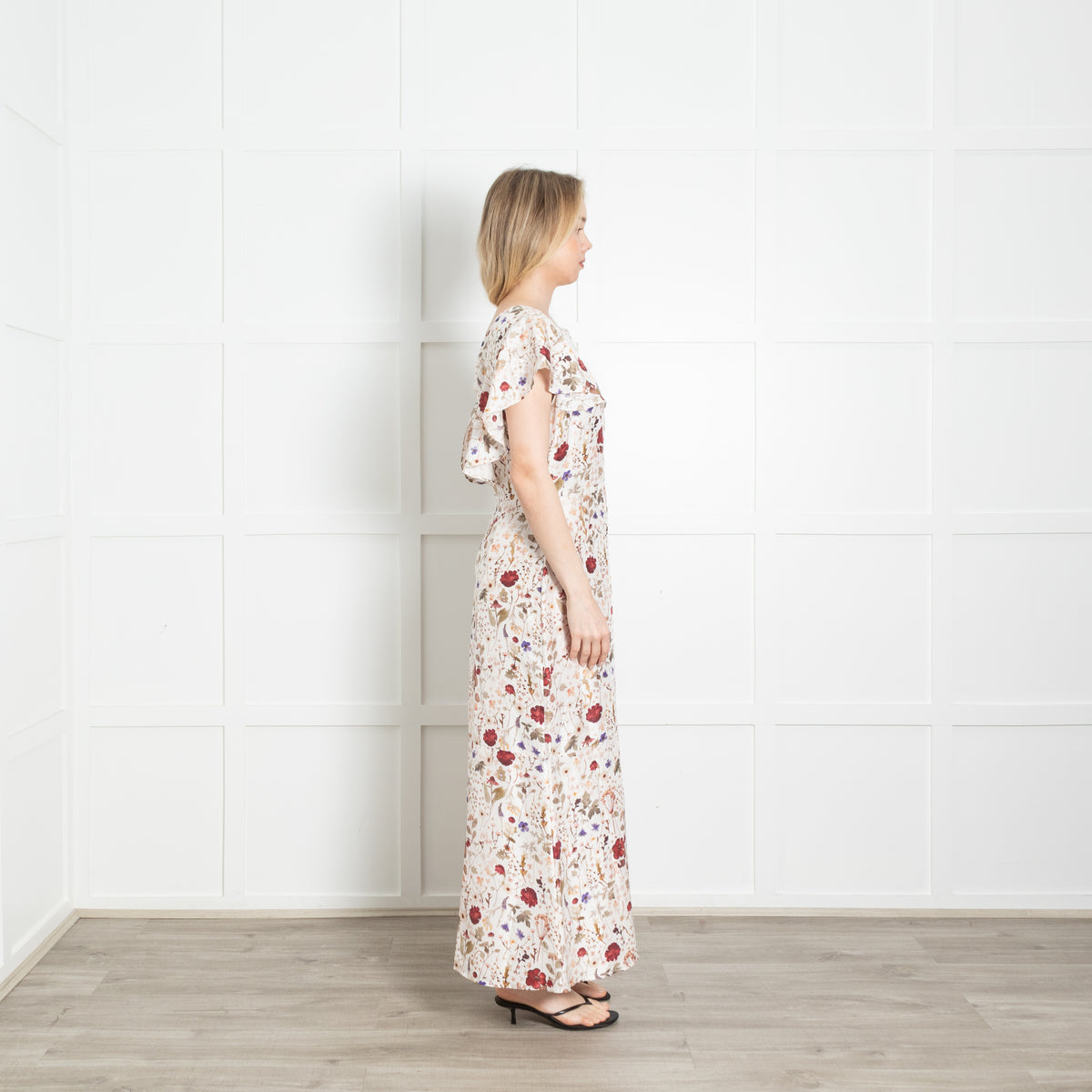 Lily And Lionel Ivory Khaki Burgundy Floral Silk Maxi Dress