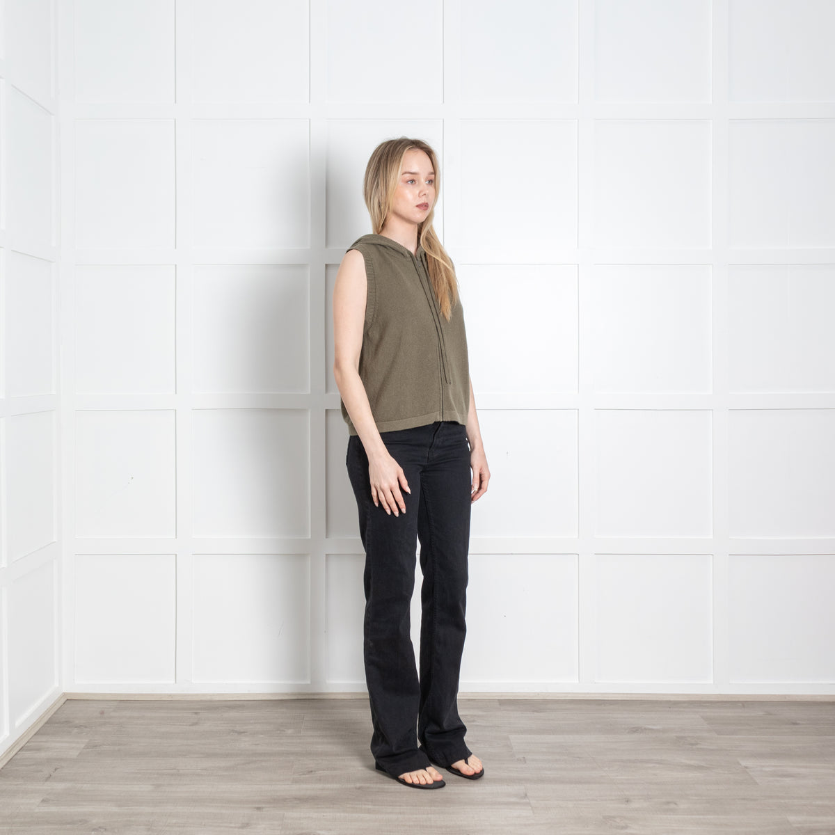 Me + Em Green Cashmere Sleeveless Hooded Cardigan