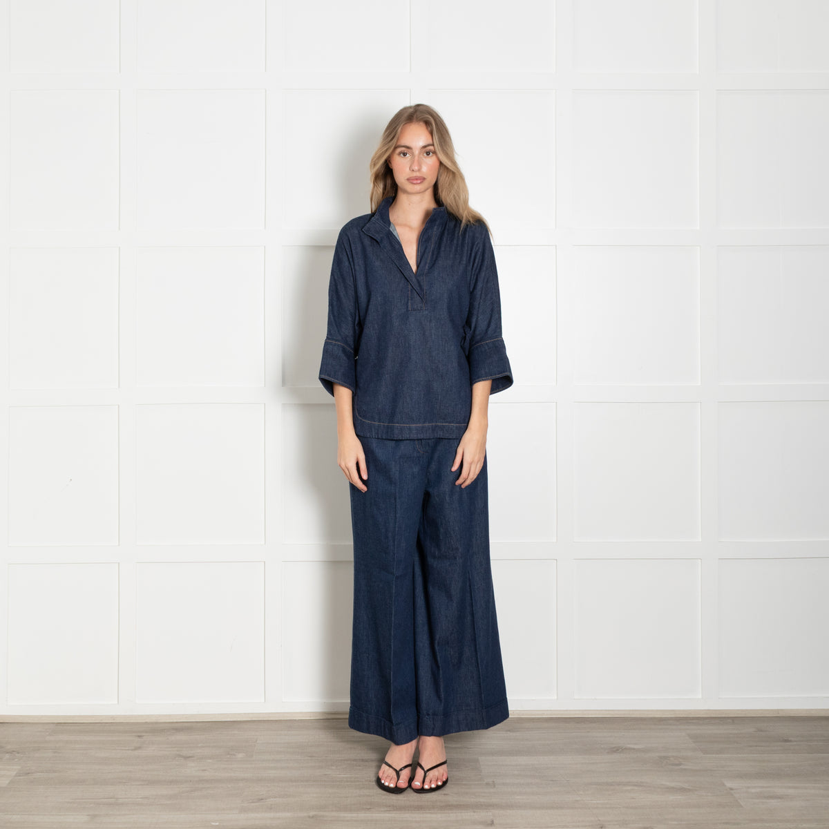 CH Carolina Herrera Denim Blue Wide Sleeve Top