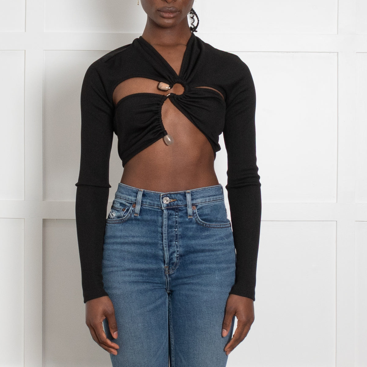 Christopher Esber Black Ribbed Metalwork Crop Top