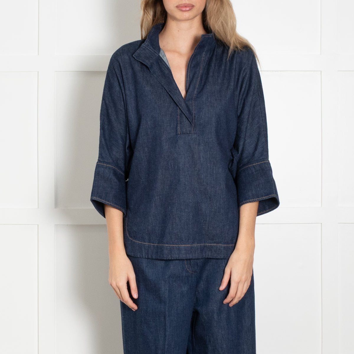 CH Carolina Herrera Denim Blue Wide Sleeve Top