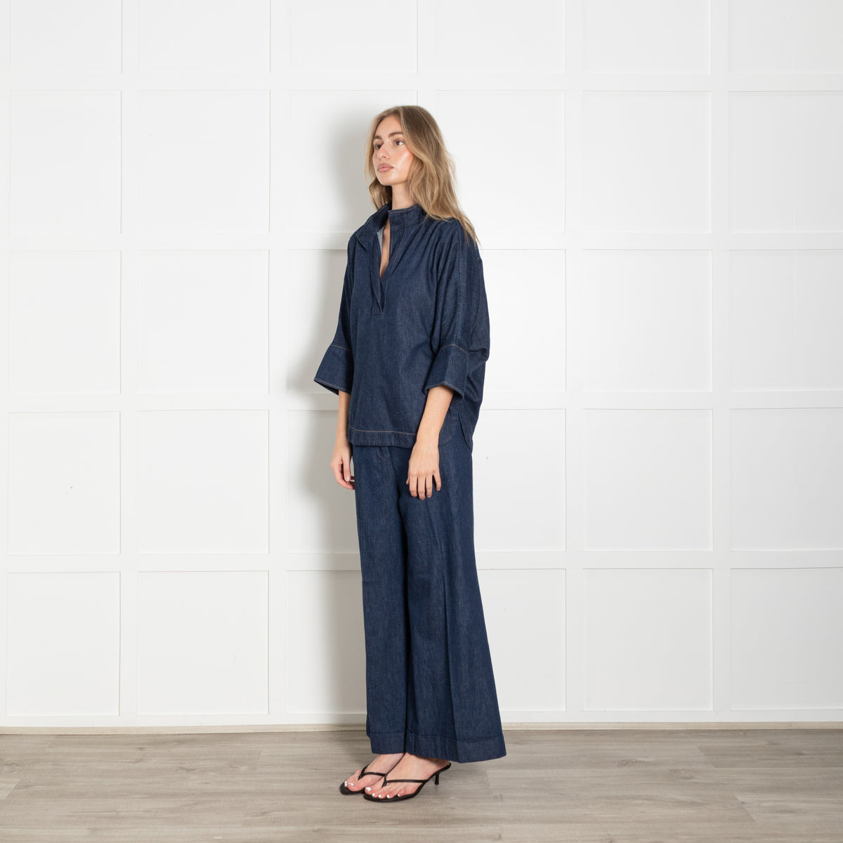 CH Carolina Herrera Denim Blue Wide Sleeve Top
