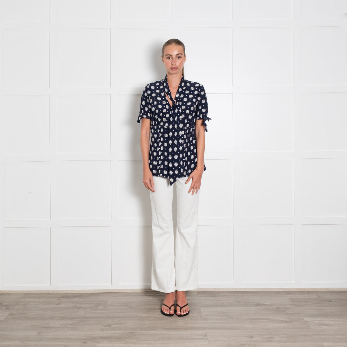 Luisa Spagnoli Navy White Print Tie Neck Silk Top
