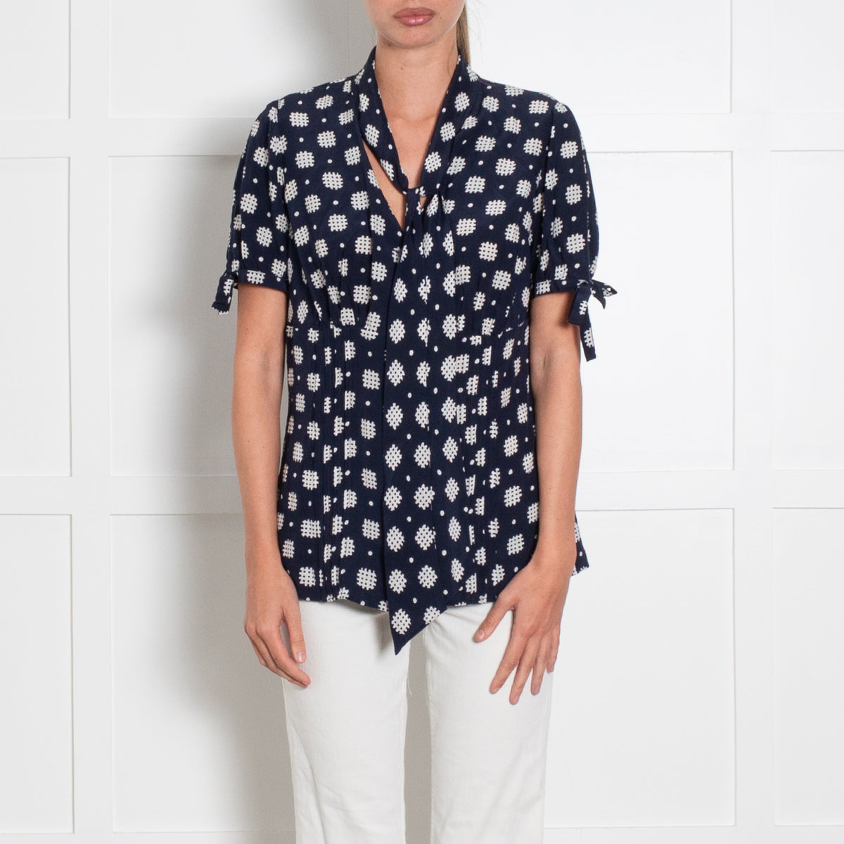 Luisa Spagnoli Navy White Print Tie Neck Silk Top
