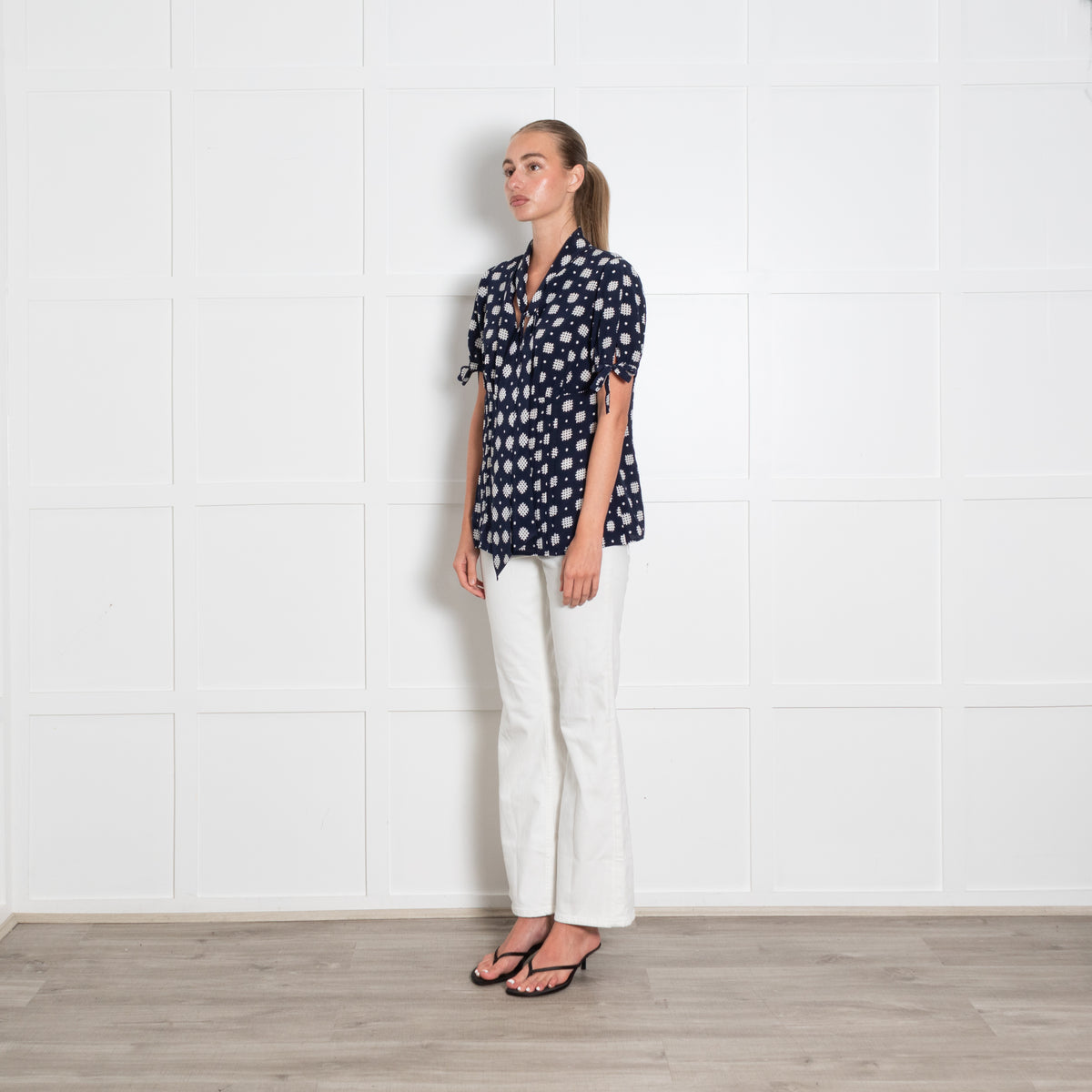Luisa Spagnoli Navy White Print Tie Neck Silk Top