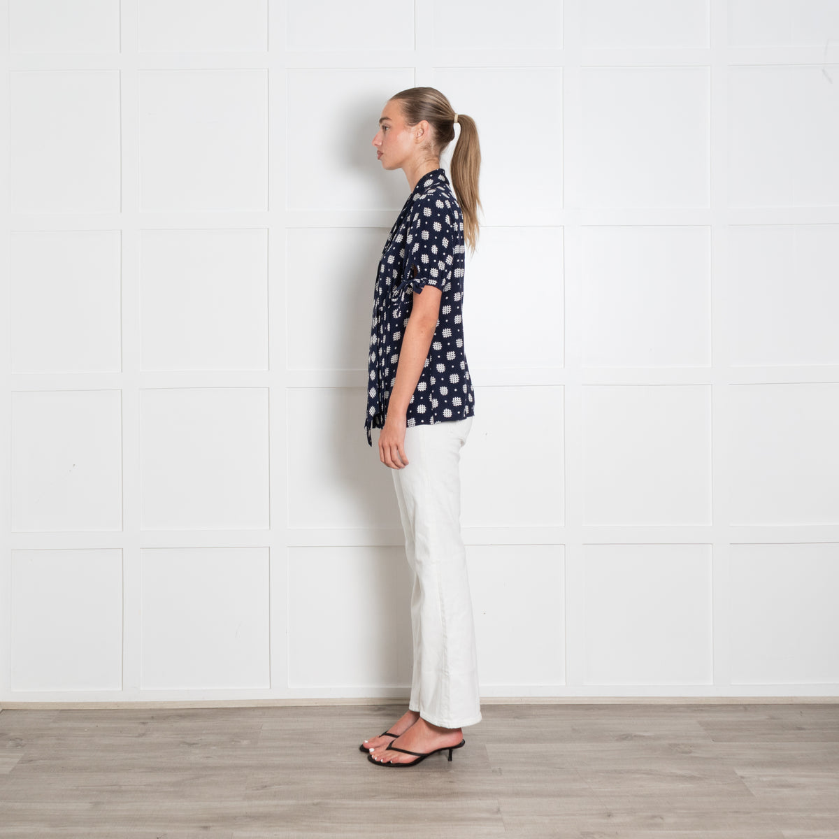 Luisa Spagnoli Navy White Print Tie Neck Silk Top