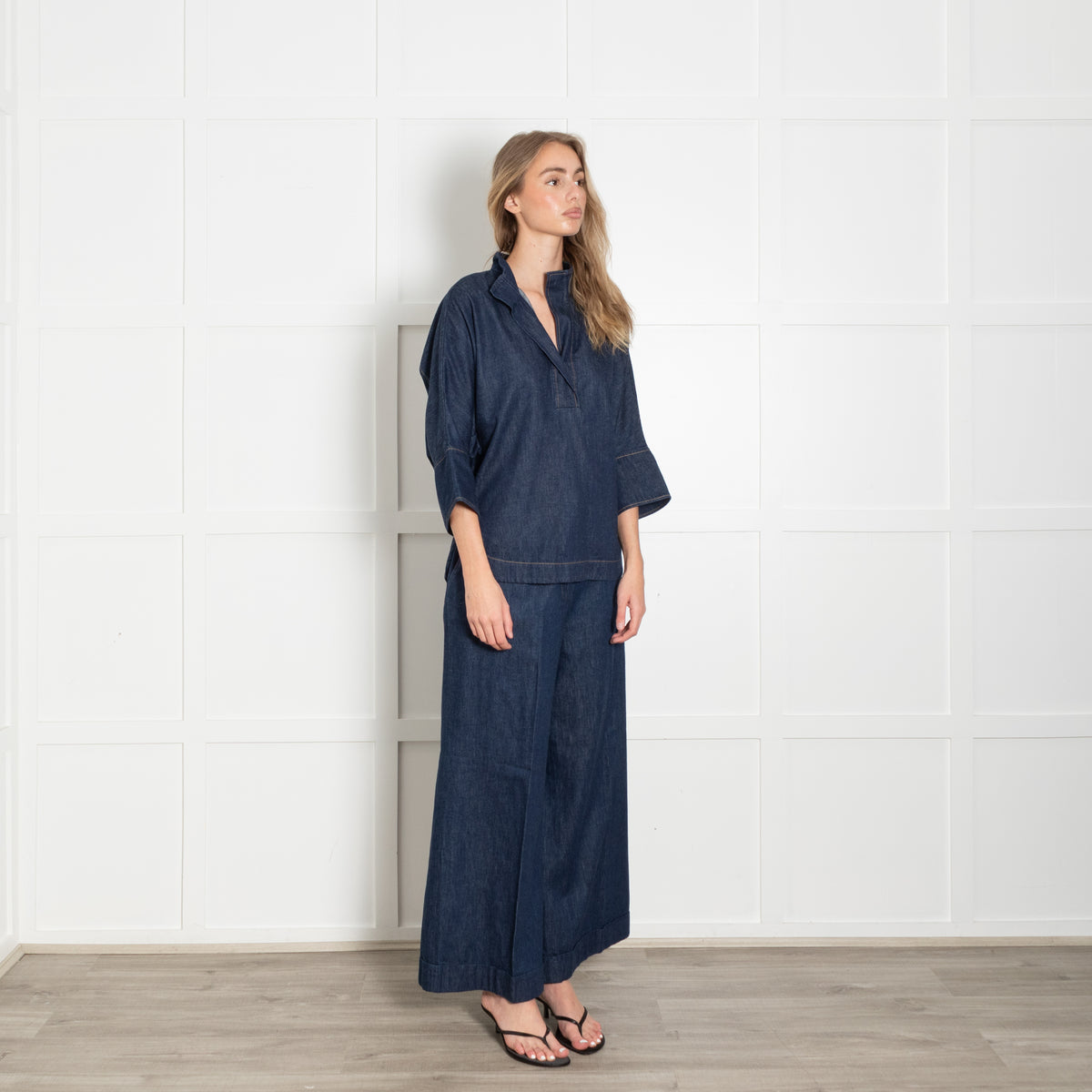 CH Carolina Herrera Denim Blue Wide Sleeve Top