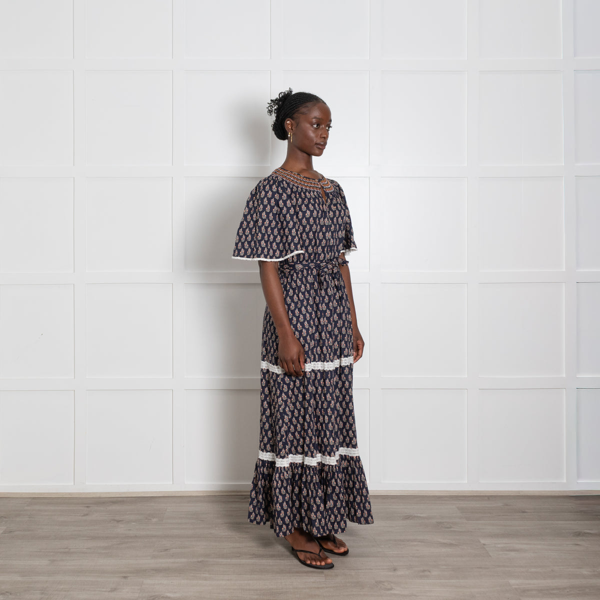 Wyse Navy Tiered Small Floral Tunic Dress wit h Tie