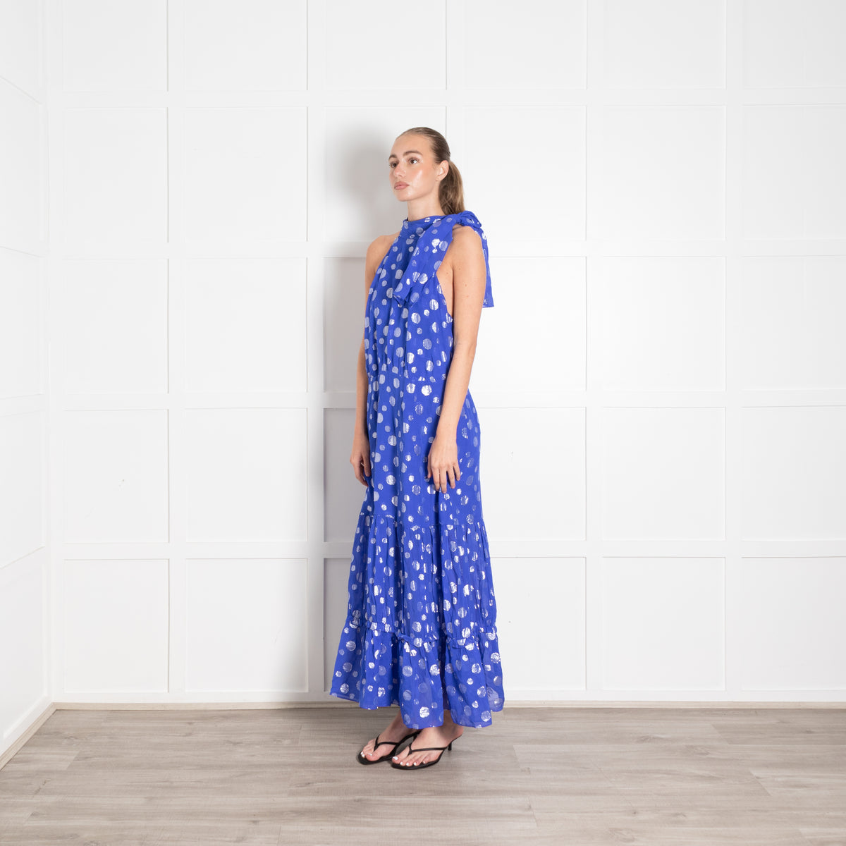 Rixo Cobalt Blue Silver Lurex Dot Halter Neck Maxi Dress