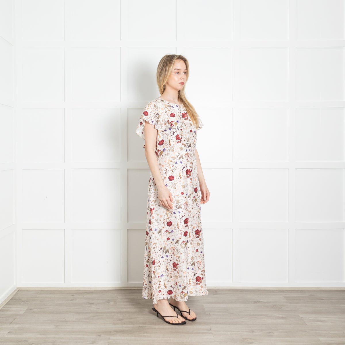 Lily And Lionel Ivory Khaki Burgundy Floral Silk Maxi Dress