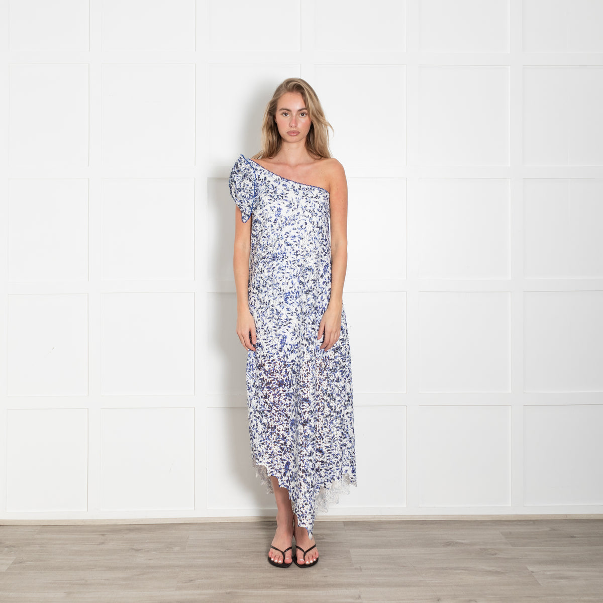 Saloni White Blue Lace One Shoulder Bow Detail Midi Dress
