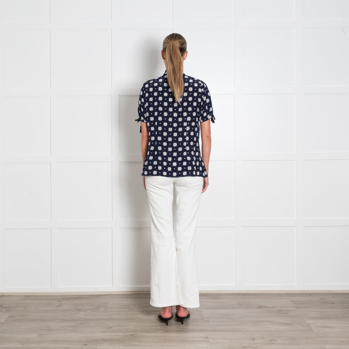 Luisa Spagnoli Navy White Print Tie Neck Silk Top