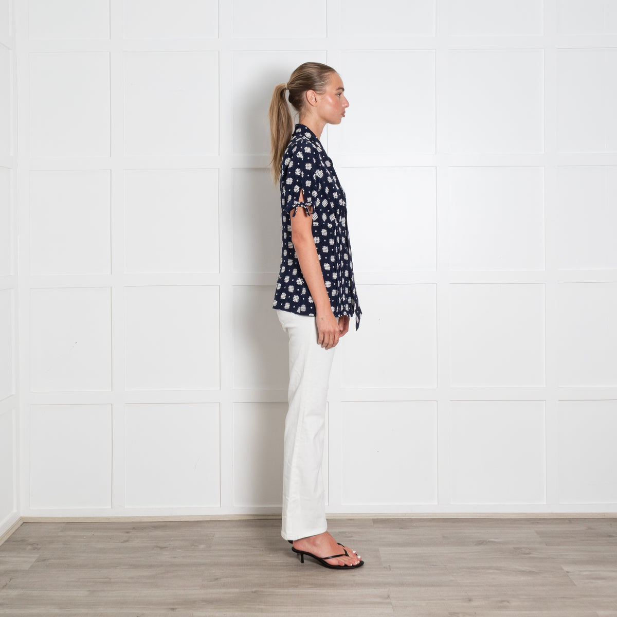 Luisa Spagnoli Navy White Print Tie Neck Silk Top