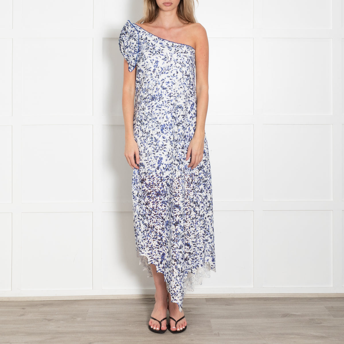 Saloni White Blue Lace One Shoulder Bow Detail Midi Dress