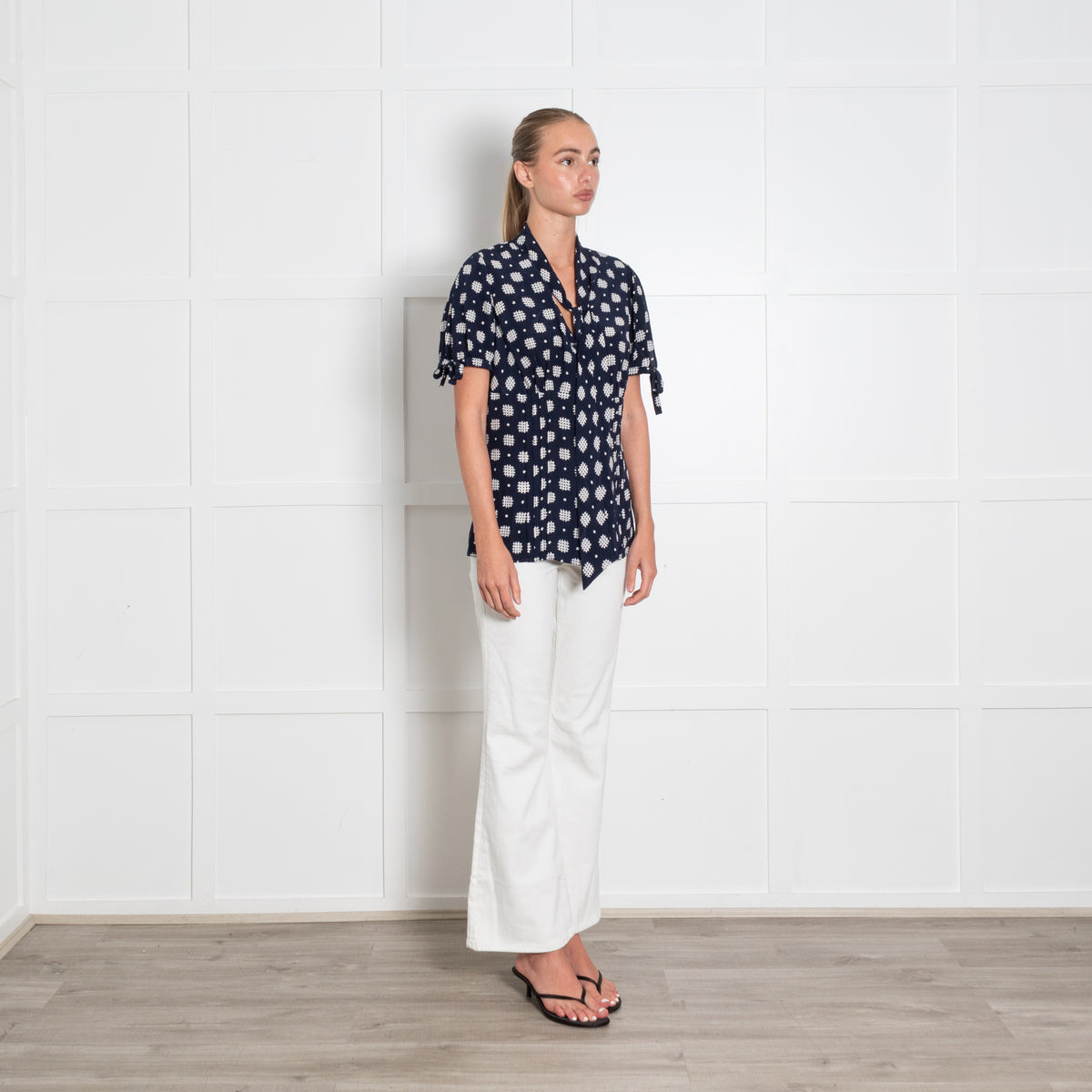 Luisa Spagnoli Navy White Print Tie Neck Silk Top